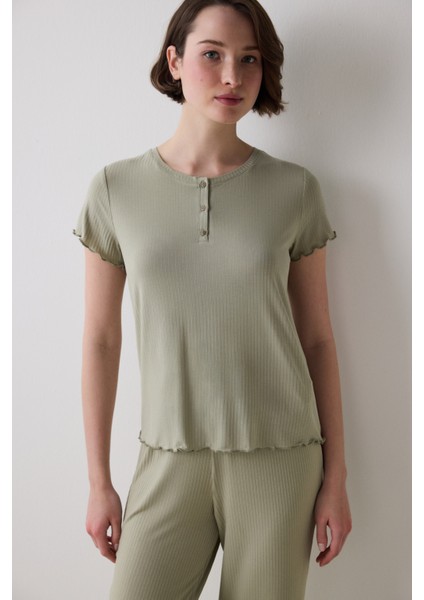 Bloom Solid Haki Tişört Pijama Üstü