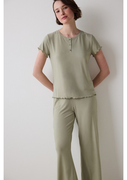 Bloom Solid Haki Tişört Pijama Üstü