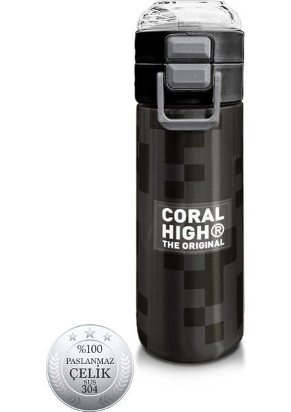 Kids Siyah Blok Desenli Pipetli ve Direkt Içim Çelik Termos 500 ml 31894