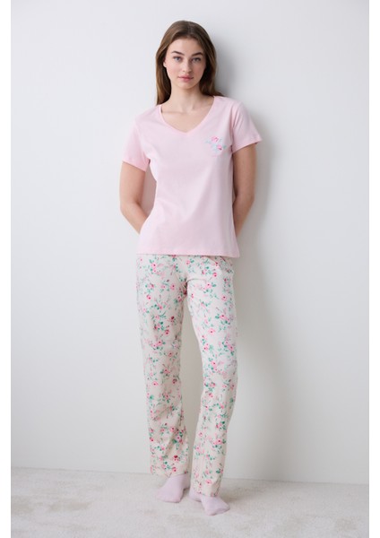 Pamuklu Pink Roses Pantolon Pijama Takımı