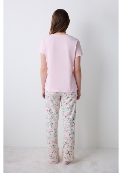 Pamuklu Pink Roses Pantolon Pijama Takımı