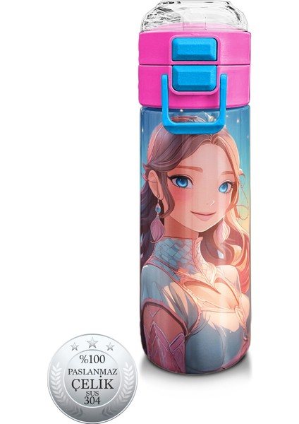 Kids Turkuaz Pembe Anime Kız Desenli Pipetli ve Direkt Içim Çelik Termos 500 ml 31858