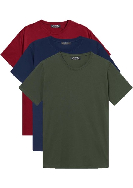 Basic Erkek 3'lü Çoklu Tişört Bordo,lacivert,haki 7011