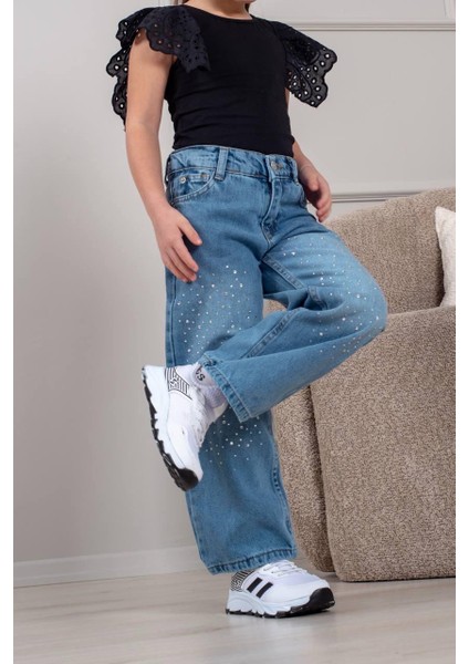 Taş Detaylı Kız Çocuk Jean Kot Pantolon