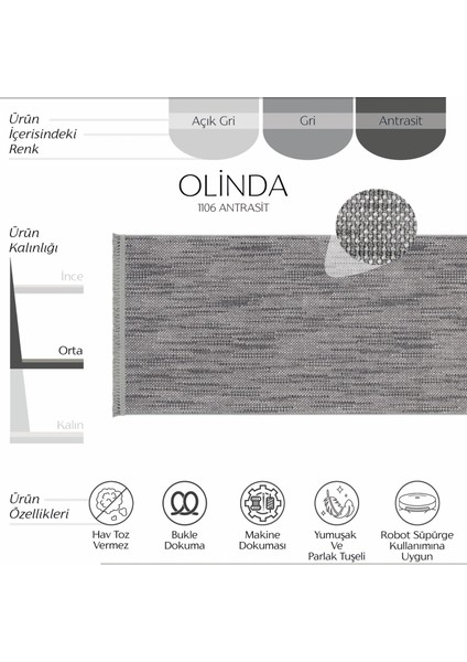 Olinda 1106 Antrasit Yolluk Bukle Yatak Odası Halısı Uzun Antre Hol Koridor Halısı Iskandinav Yolluk