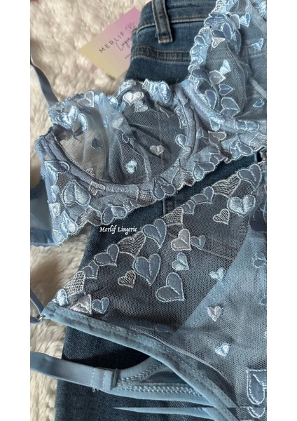 Mavi Kalpli Brode Tül Iç Çamaşır Takımı (Bralette Sütyen&tanga) modelleri