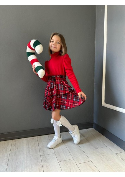 Kız Çocuk Kiloş Etek ve Badi Kombin Red Green