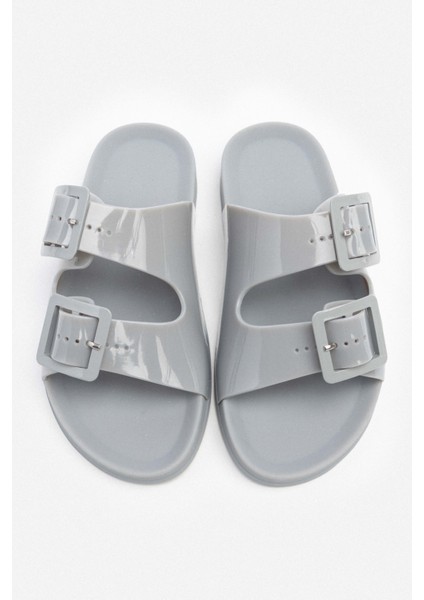 Marlowe Şeffaf Gri Çift Toka Detay Düz Taban Kadın Terlik indirimleri