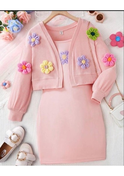 Kız Çocuk Kalın Askılı Elbise ve Hırka Kombin Motif Detaylı Lotus