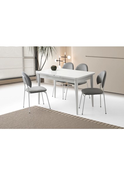 Ortadan Açılır Büyüyen 80 x 130 cm Beyaz Ahşap Salon Yemek Masa Suna Gri Sandalye Takımı 4 Sandalyeli