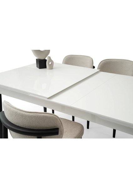Ortadan Açılır Büyüyen 80 x 130 cm Beyaz Ahşap Salon Yemek Masa Suna Gri Sandalye Takımı 4 Sandalyeli
