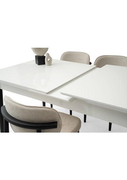 Ortadan Açılır Büyüyen 80 x 130 cm Beyaz Ahşap Salon Yemek Masa Suna Gri Sandalye Takımı 4 Sandalyeli