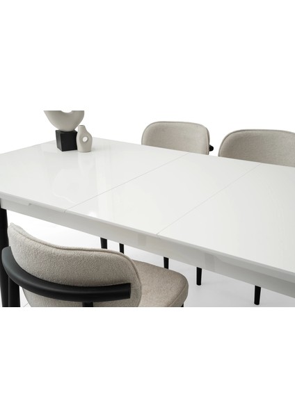 Ortadan Açılır Büyüyen 80 x 130 cm Beyaz Ahşap Salon Yemek Masa Suna Gri Sandalye Takımı 4 Sandalyeli