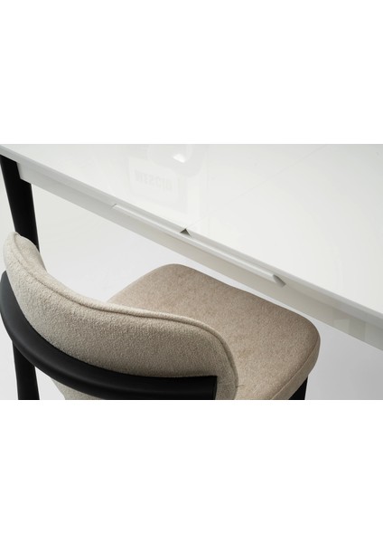 Ortadan Açılır Büyüyen 80 x 130 cm Beyaz Ahşap Salon Yemek Masa Suna Gri Sandalye Takımı 4 Sandalyeli