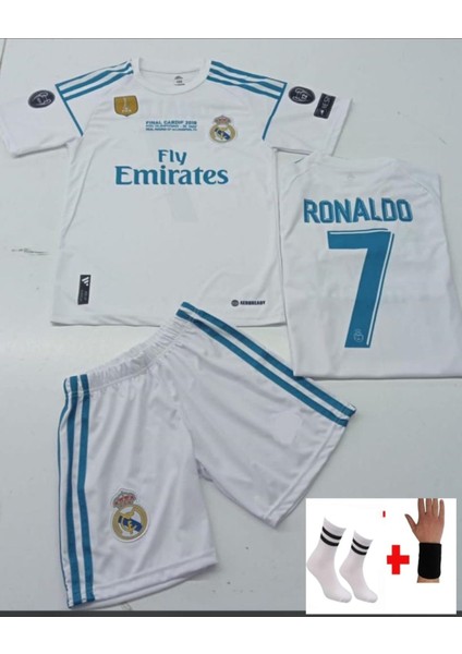 Real Madrid Ronaldo 2018 Beyaz Takım Çocuk Alt-Üst Takım T-Shrt +Şort+Çorap+Bileklik