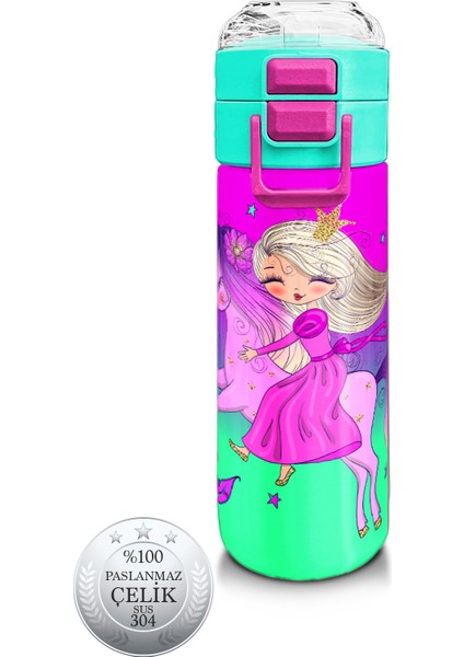Kids Açık Pembe Mor Unicornlu Prenses Desenli Pipetli ve Direkt Içim Çelik Termos 500 ml 31802