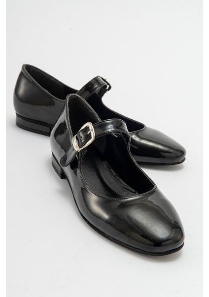 Alvın Siyah Rugan Yuvarlak Kalıp Tokalı Casual Kadın Babet