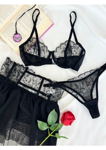 Isabella Çiçek Desenli Brode 3 Parça Etekli Iç Çamaşırı Takımı