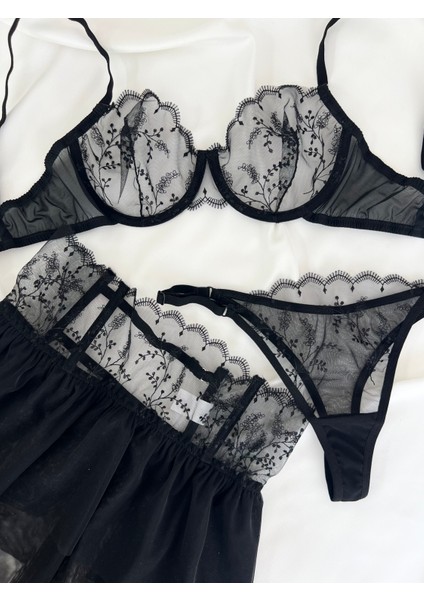 Isabella Çiçek Desenli Brode 3 Parça Etekli Iç Çamaşırı Takımı modelleri