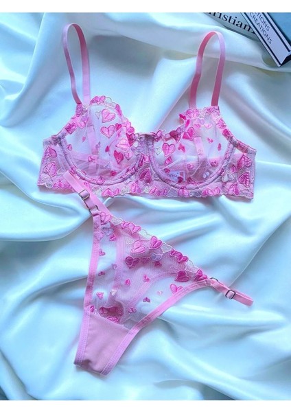 Pembe Kalpli Brode Tül Iç Çamaşır Takımı (Bralette Sütyen&tanga)