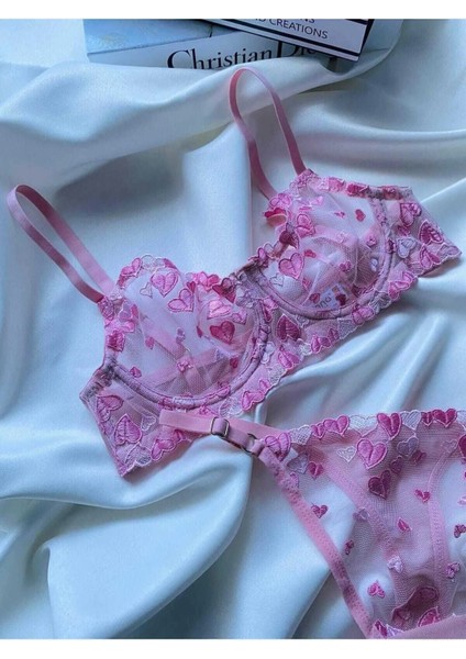 Pembe Kalpli Brode Tül Iç Çamaşır Takımı (Bralette Sütyen&tanga) modelleri