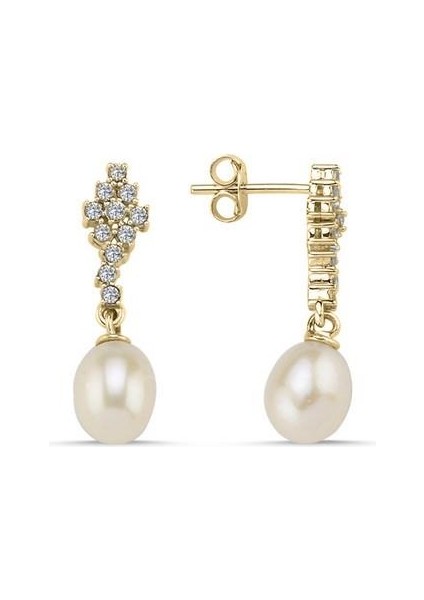 14 Ayar Altın 7 mm Dörtgen Taşlı Doğal İnci Sallantılı Küpe