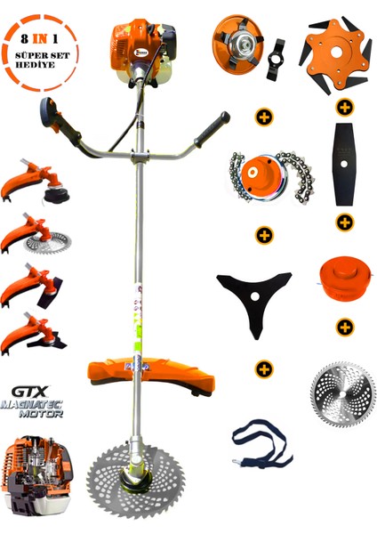 Germany WS-491 Full Set 8 In 1 Yan Tipi Benzinli Motorlu Ot Çalı Tırpanı Çim Biçme Makinesi modelleri