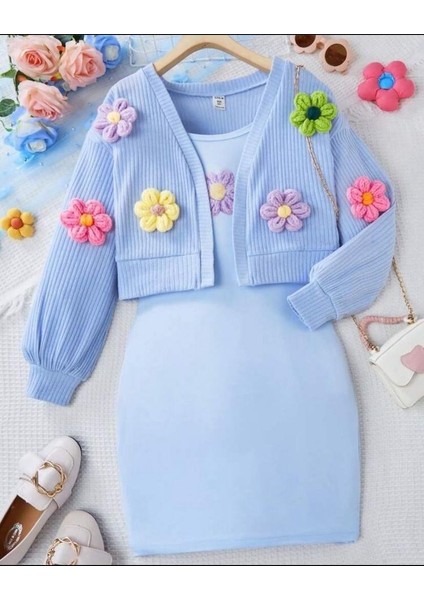 Kız Çocuk Kalın Askılı Elbise ve Hırka Kombin Motif Detaylı Lotus