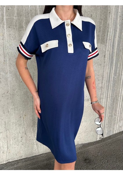 Kadın Şerit Detaylı Süs Cepli Kısa Kol Yakalı Modal Elbise