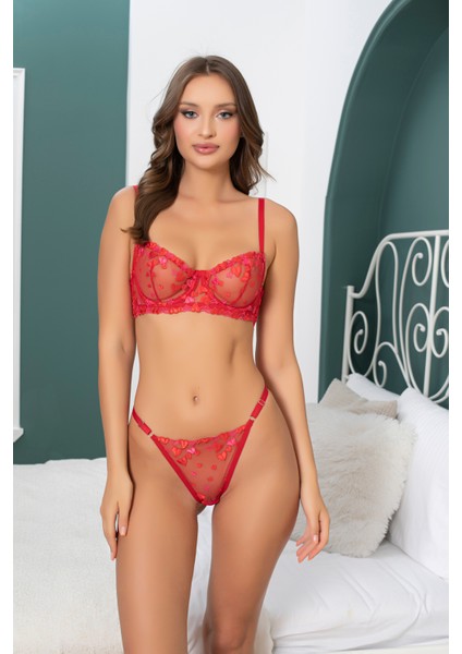 Büyük Beden C Kap Cup Kırmızı Kalpli Brode Tül Iç Çamaşır Takımı (Bralette Sütyen&tanga) modelleri