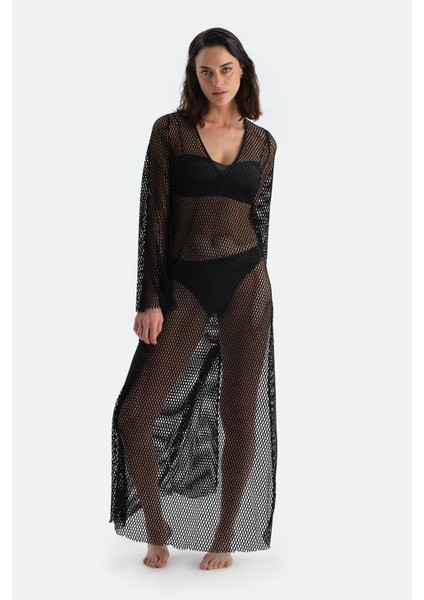 Siyah File Uzun Kol Elbise