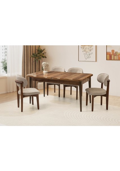 Ahşap Salon Yemek Masa Sandalye Takımı 4 Nergis Sandalyeli Ortadan Açılır Büyüyen Parlak Ceviz 80 x 130 cm