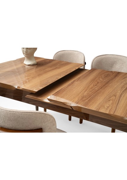 Ahşap Salon Yemek Masa Sandalye Takımı 4 Nergis Sandalyeli Ortadan Açılır Büyüyen Parlak Ceviz 80 x 130 cm