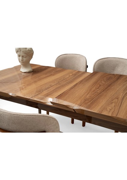 Ahşap Salon Yemek Masa Sandalye Takımı 4 Nergis Sandalyeli Ortadan Açılır Büyüyen Parlak Ceviz 80 x 130 cm