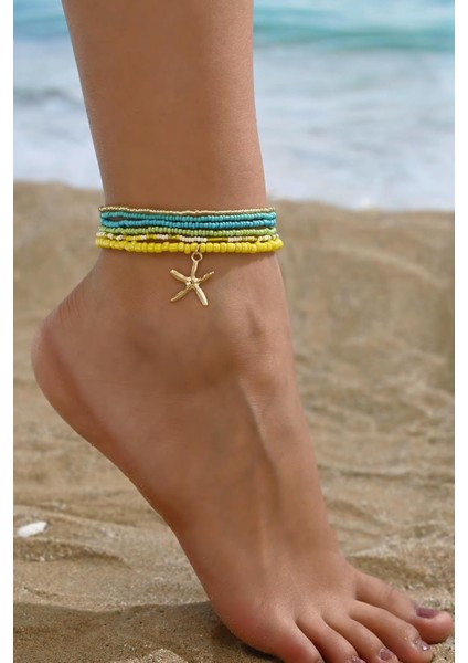 Renkli Boncuklar Lastikli Halhal Seti