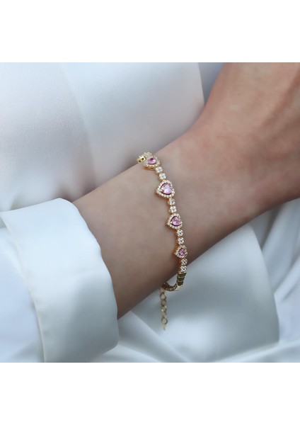 Pembe Kalp Gold Kaplama Gümüş Bileklik