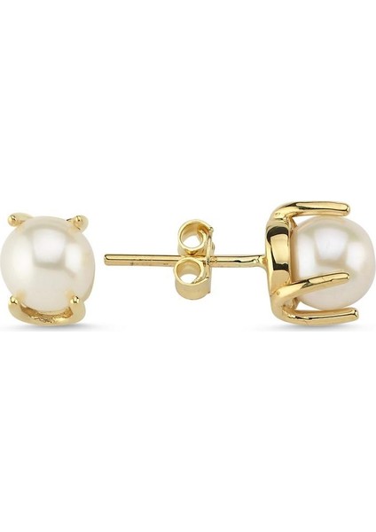 14 Ayar Altın 7 mm Doğal İncili Küpe