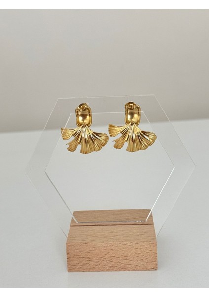 - Vintage Gold Yaprak Tasarım Küpe - Çelik Plaka