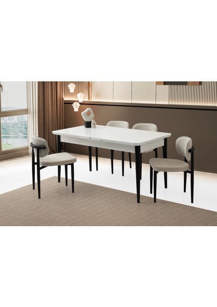 Ortadan Açılır Büyüyen 80 x 130 cm Beyaz Ahşap Salon Yemek Masa Bej Sandalye Takımı 4 Sandalyeli