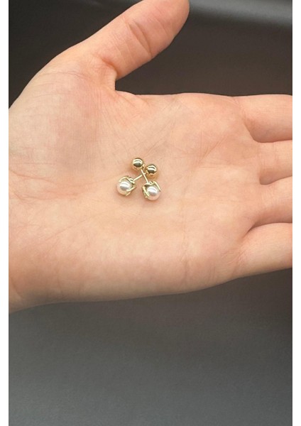 14 Ayar Altın 4 mm İkili Tragus Doğal İnci Çift Taraflı Top Piercing