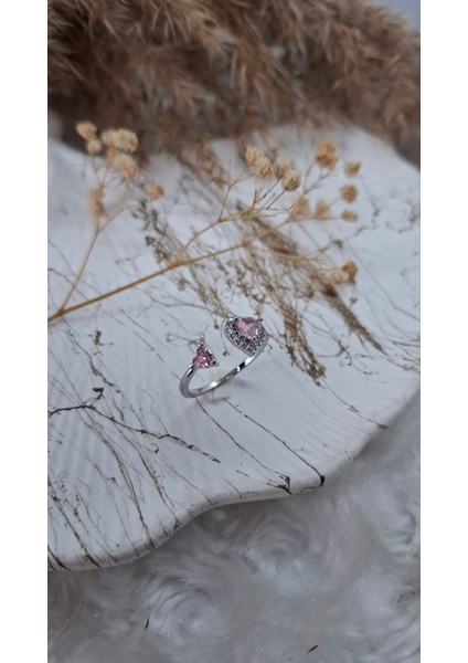 Kadın Çift Kalp Figürlü Pembe Zirkon Taşlı Çelik Yüzük