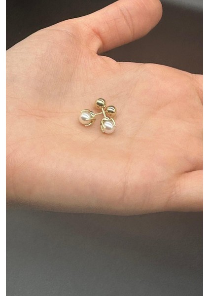 14 Ayar Altın 5 mm İkili Tragus Doğal İnci Çift Taraflı Top Piercing