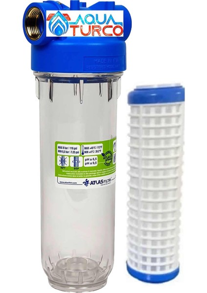 Atlas 10 Inch Şeffaf 2 Parça Housing Dp 10 Mono Ot Ts Yıkanabilir Filtreli