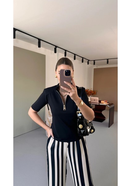 Bebe Plus Kadın Fermuarlı Sıfır Yakalı Full Likra Yarım Kol T-Shırt