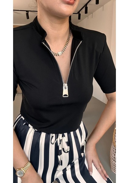 Bebe Plus Kadın Fermuarlı Sıfır Yakalı Full Likra Yarım Kol T-Shırt fiyatları