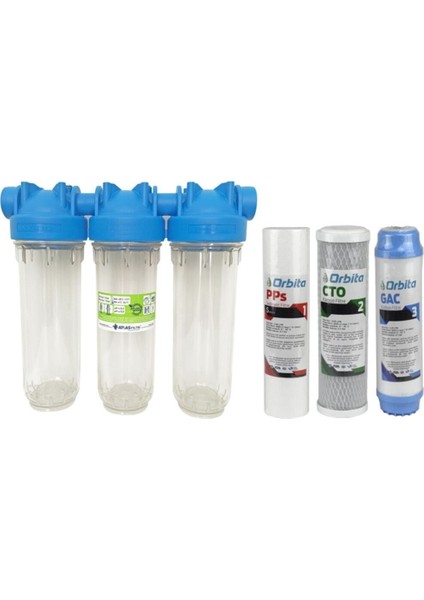 Atlas 10 Inç Dp Üçlü Trıo Housıng 3/4" Dolu Filtre Kabı - 5 Mikron, Cto ve Gac