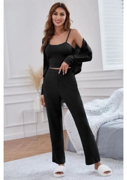 Siyah Fitilli Hırka Askılı Crop Üst Pijama Takımı