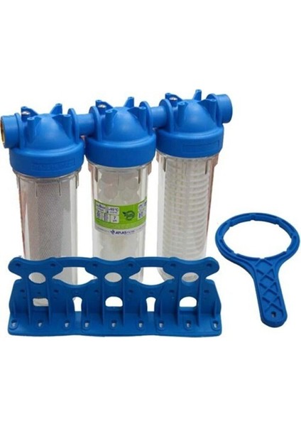 Atlas 10'' Housinğ 3'lü Su Arıtma Filtresi Set 3/4'' Bağlantılı Giriş Çıkışlı