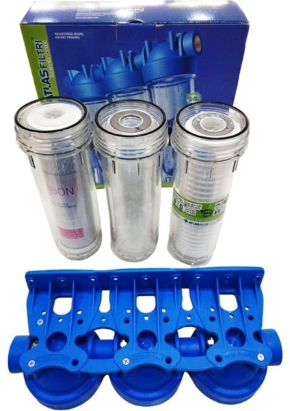 Atlas 10'' Housinğ 3'lü Su Arıtma Filtresi Set 3/4'' Bağlantılı Giriş Çıkışlı fiyatları