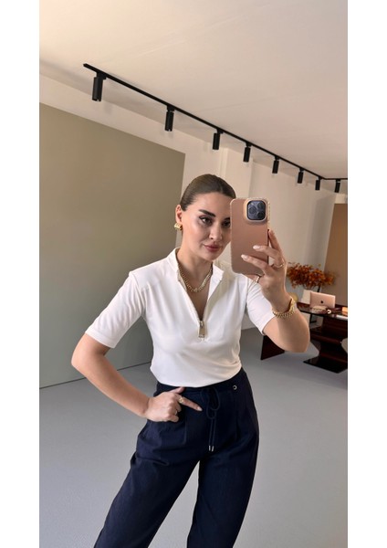Bebe Plus Kadın Fermuarlı Sıfır Yakalı Full Likra Yarım Kol T-Shırt fiyatları